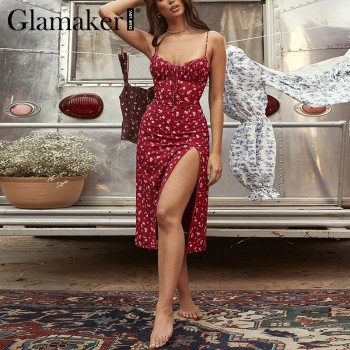 Glamaker Floral print sexy bodycon high split dress Women 2020 new sleeveless short dress Party club elegant backless vestidos